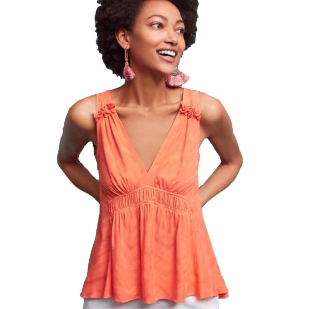 $68 Anthropologie Maeve orange flowy sleeveless ruffle tank top S Petite